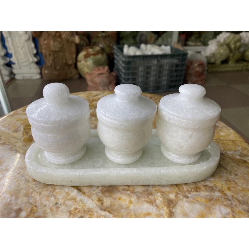 Bộ Khay 3 Ly Đá Cẩm Thạch Trắng