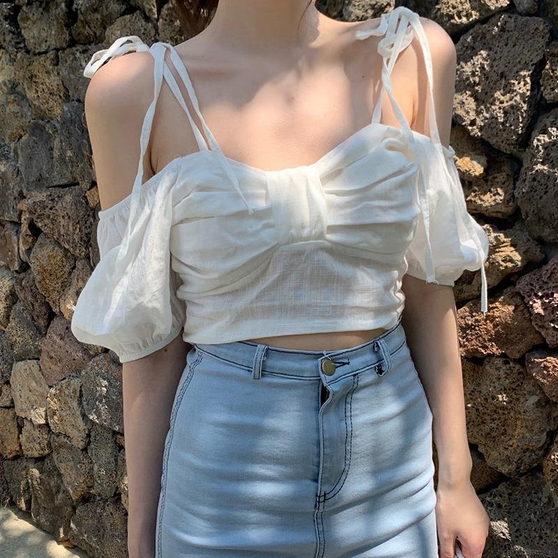 Áo croptop trễ vai phối dây buộc phong cách gợi cảm thời trang dành cho nữ