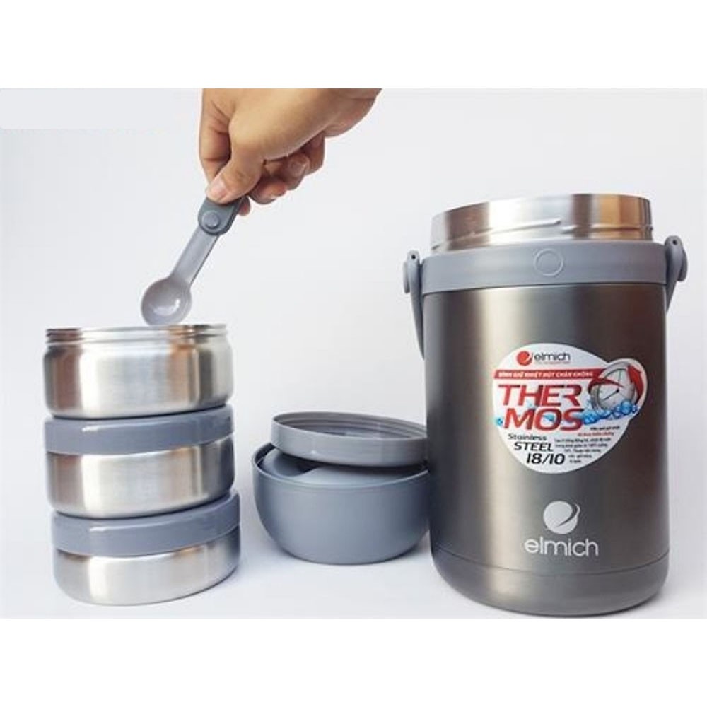 Cặp Lồng Giữ Nhiệt Inox 304 Tráng Bạc 3 Lớp 1800ml Elmich EL-3128 Hàng Chinh Hãng