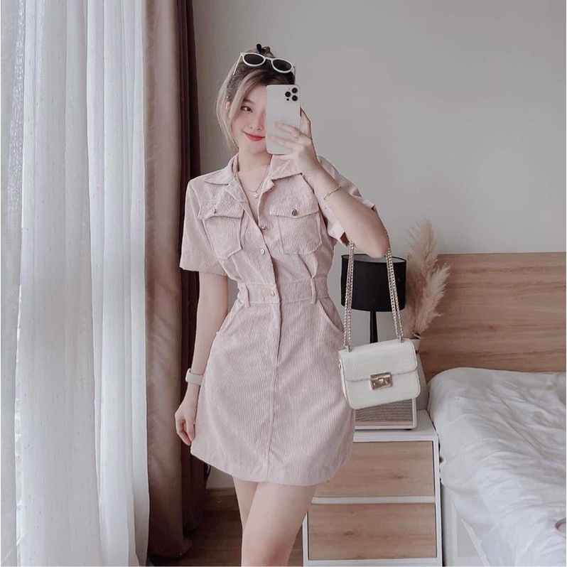 (D275 SHOP BIGSIZE nữ 50kg đến 90kg ) đầm sơ mi nhung tăm dáng A ôm eo