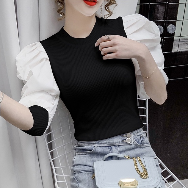 【ZHELIHANGFEI】 / Áo Thun Dệt Kim Tay Ngắn Phồng Cổ Tròn Phong Cách Hoàng Gia Mùa Xuân Mới Cho Nữ