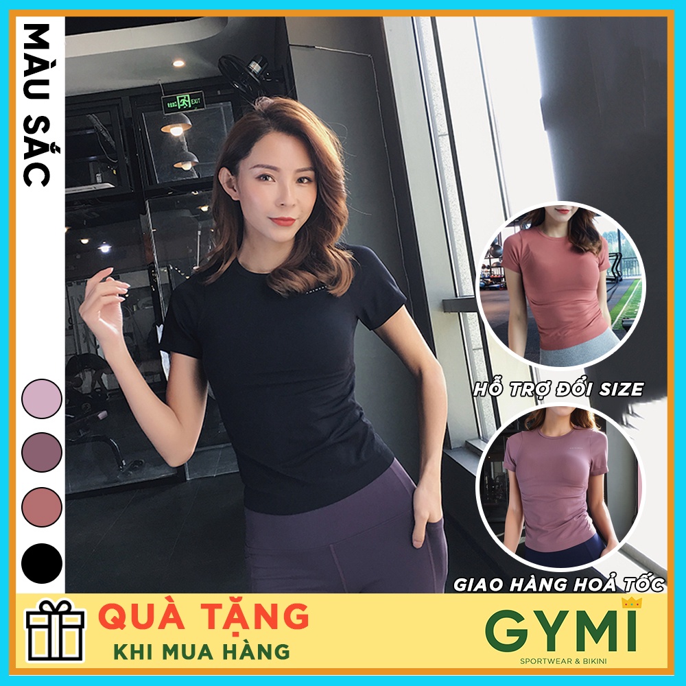 Áo tập gym yoga nữ GYMI AC05 dáng áo thun ngắn cộc tay chất dệt kim mát mịn co giãn thấm mồ hôi