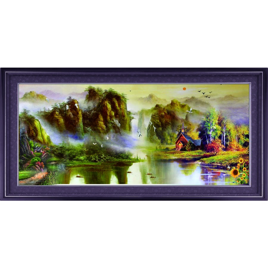 Tranh Dán Tường 3D Phong Cảnh Đồng Quê Yên Bình có viền khung giả, hình hòn non bộ, mùa lá vàng rơi, đồng quê miền núi