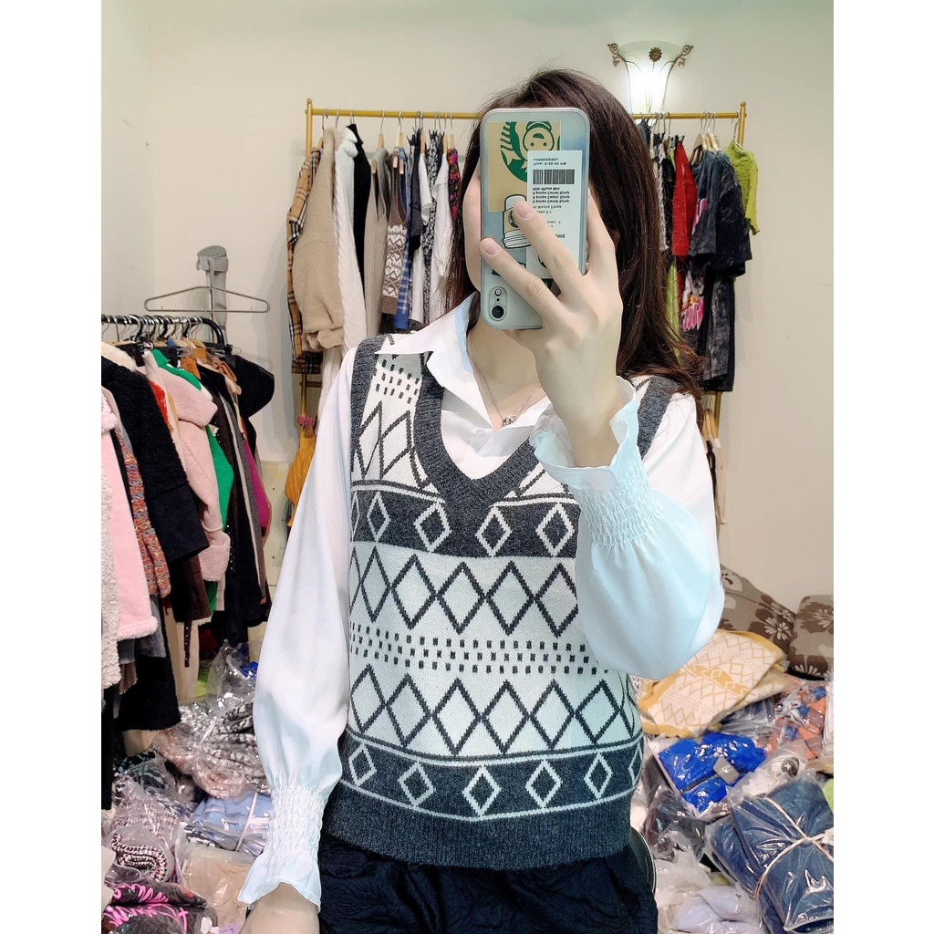 Áo gile nữ hoạ tiết thổ cẩm, Áo gile len ulzzang nữ dáng Hàn Quốc Hanva | BigBuy360 - bigbuy360.vn