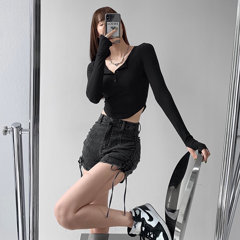 Áo thun IELGY thiết kế cổ chữ v tay dài dáng ôm màu xám thời trang cho nữ
