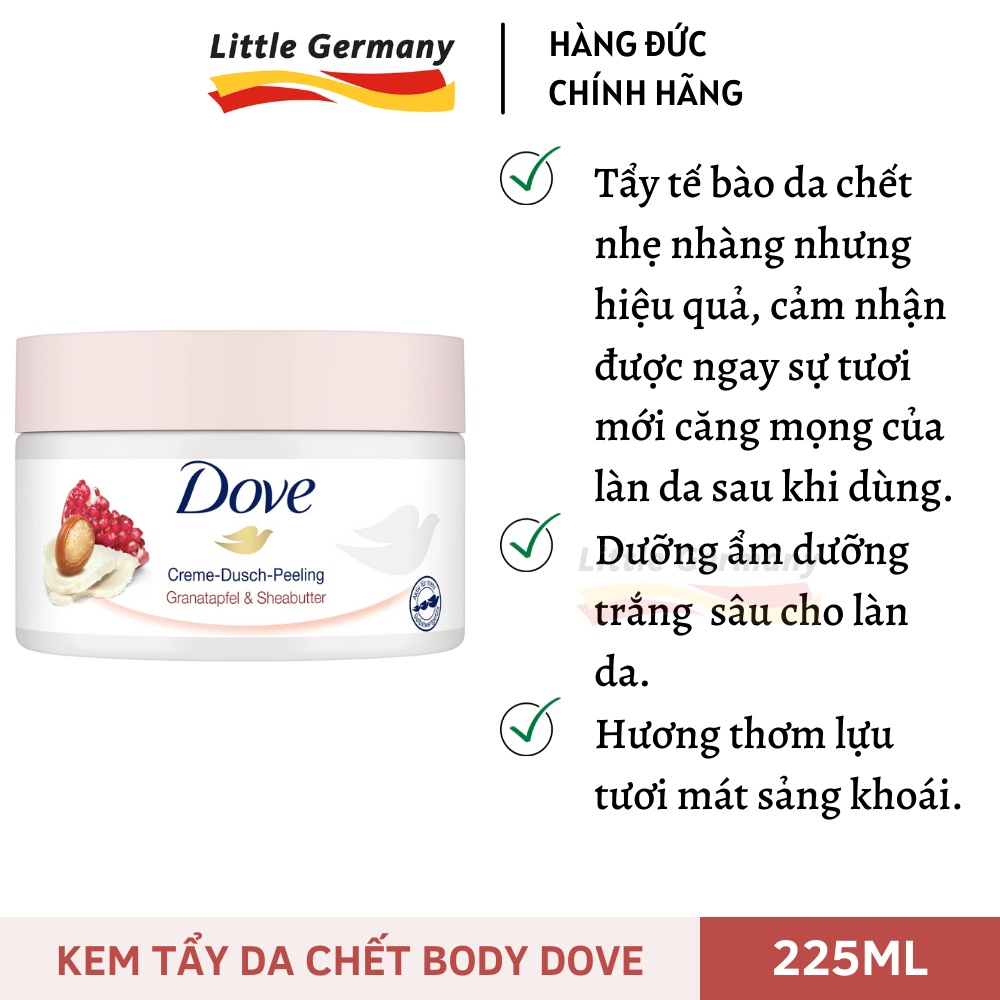 Kem Tẩy Da Chết Toàn Thân Dove Exfoliating Body Polish - Hàng Đức 225ml - Dành Cho Mọi Loại Da, Dưỡng Trắng Da, Mờ Thâm