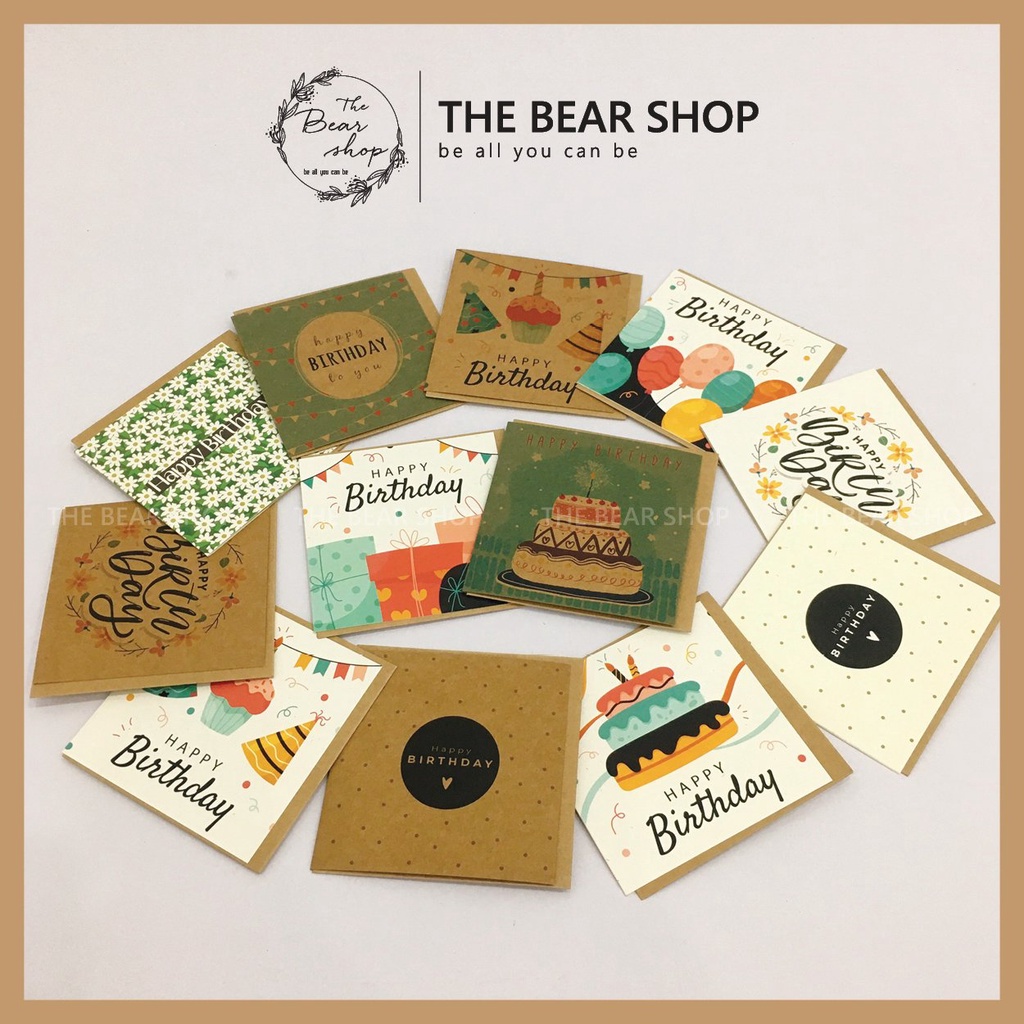 Combo 5 thiệp sinh nhật handmade vintage giấy kraft - Kích thước 11x11cm hàng loại 1 - The Bear Shop