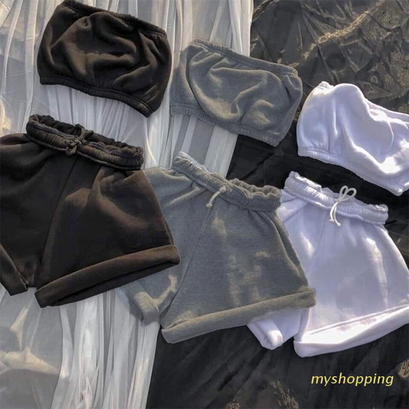 Set áo ống không dây và quần ngắn dây rút thời trang mùa hè dành cho nữ