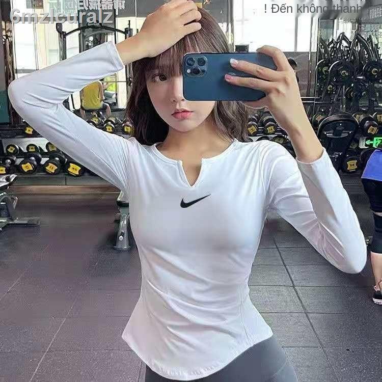 Lưới màu đỏ sexy quần thể dục áo tập nữ cổ chữ v co giãn nhanh khô yoga dài tay thao mẫu thu đông