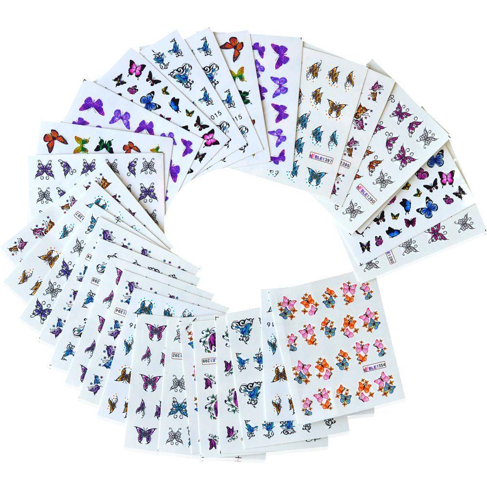 QQMALL Set 30 Tấm Sticker Màu Nước Dán Móng Nghệ Thuật DIY Hình Bướm Dễ Thương