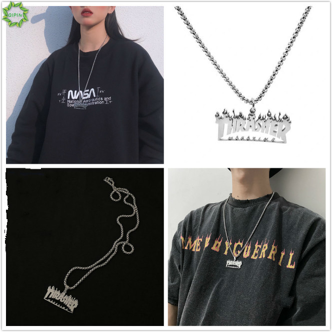 Dây chuyền mặt hình chữ phối họa tiết ngọn lửa phong cách hiphop cho nam nữ