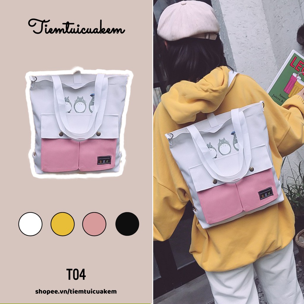 Túi tote vải kiêm balo họa tiết Totoro 2 nút khóa T04