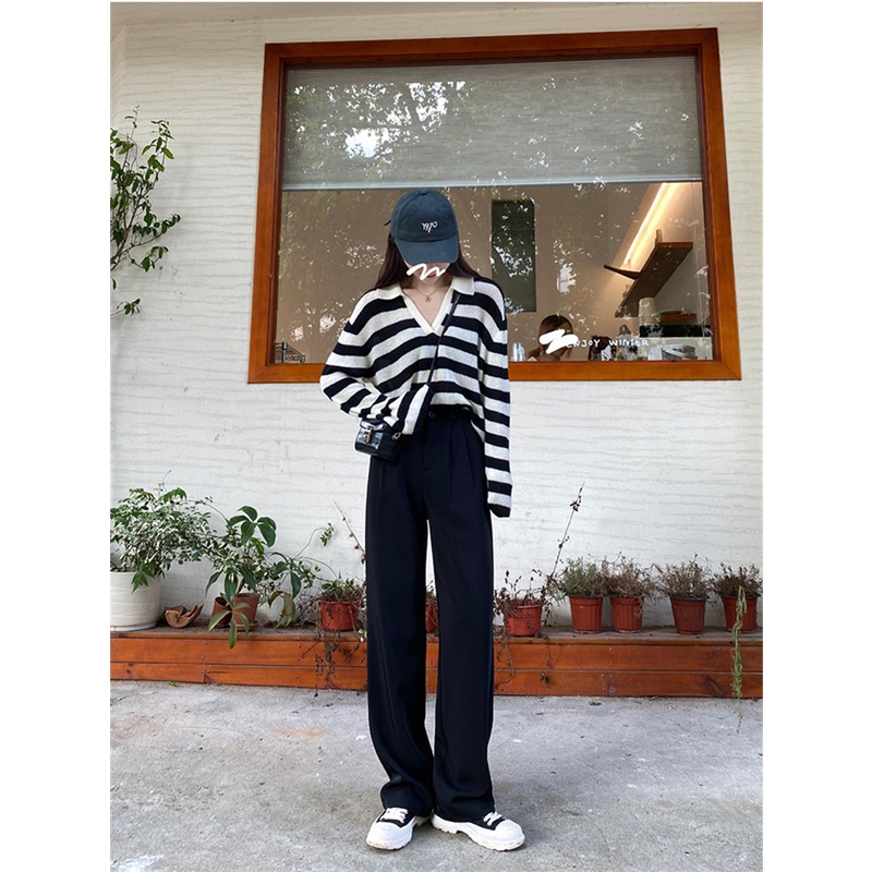 Quần ống rộng lưng cao màu sắc đơn giản phong cách Hàn Quốc độc đáo