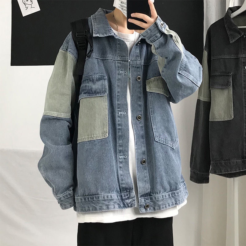 Áo Khoác Denim Phối Màu Kiểu Retro Hàn Quốc Cá Tính Cho Nam simple áo khoác jean nam fashion áo khoác nam đẹp top áo khoác bomber nam
