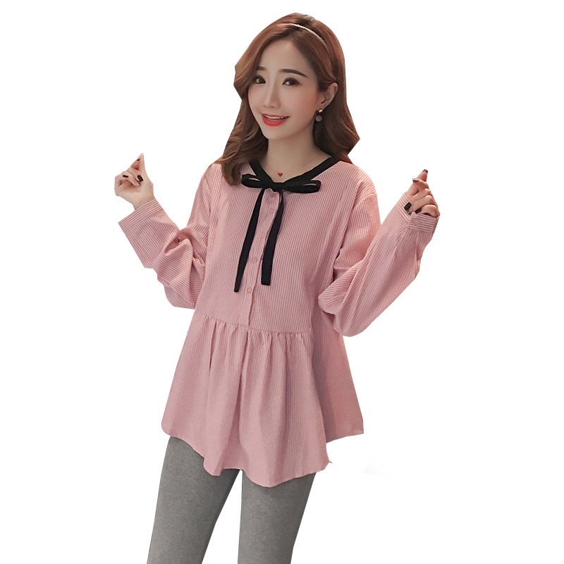Áo bà bầu dài thu đông dáng babydoll chất đũi công sở đu chơi kẻ tăm