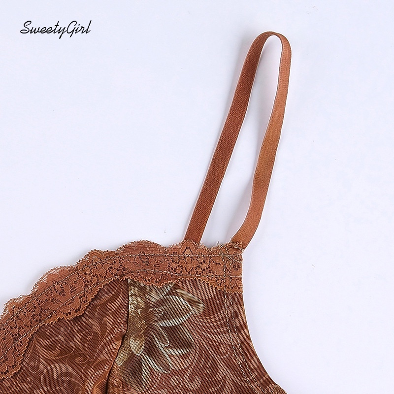 Áo hai dây cổ chữ V hở lưng dáng ôm in họa tiết chiếc lá thời trang quyến rũ cho phái nữ