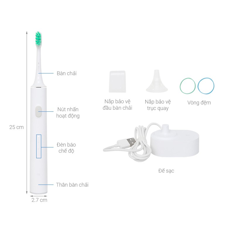Bàn chải đánh răng điện Xiaomi Trắng T500 - Hàng chính hãng - Bảo hành 12 tháng