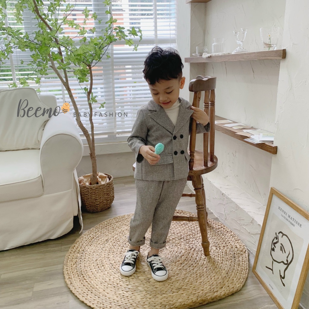 Bộ vest dạ bé trai Beemo cao cấp, bộ quần áo vest kẻ bé trai 4 khuy thiết kế phong cách Hàn Quốc