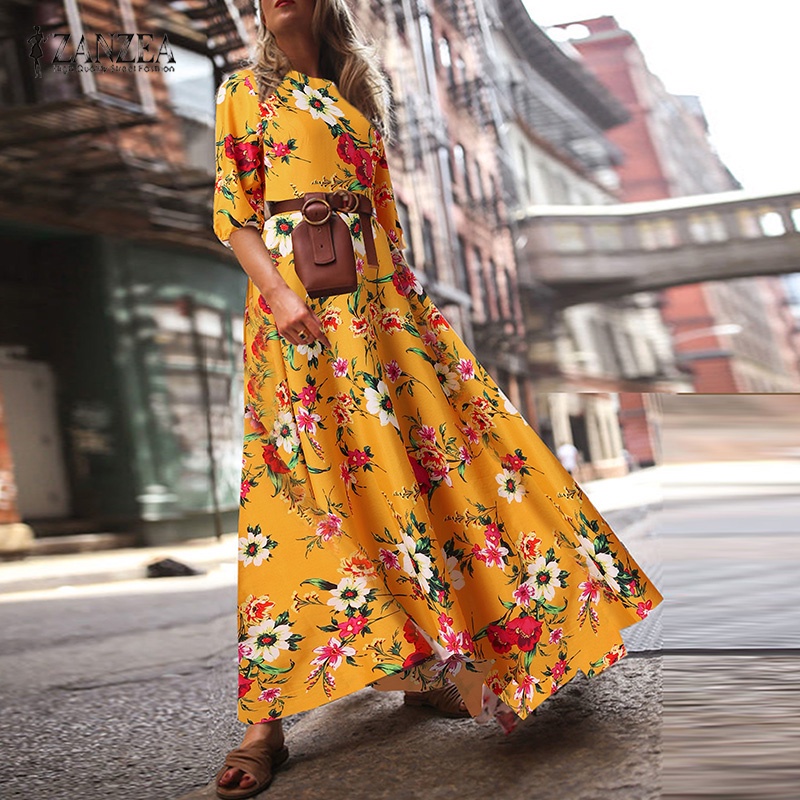 Zanzea Đầm Maxi Tay Lửng Họa Tiết Hoa Vintage Thời Trang Cho Nữ