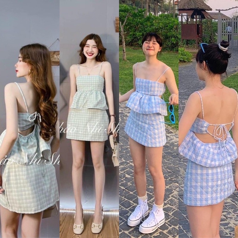 SET ÁO PEPLUM 2 DÂY THẮT NƠ LƯNG KÈM CHÂN VÁY XANH MINT