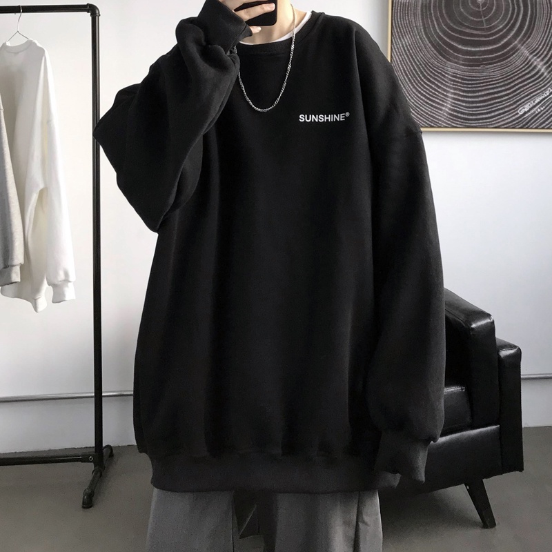 Áo Sweater cổ tròn dáng rộng màu trơn in chữ đơn giản dễ phối đồ cho nam