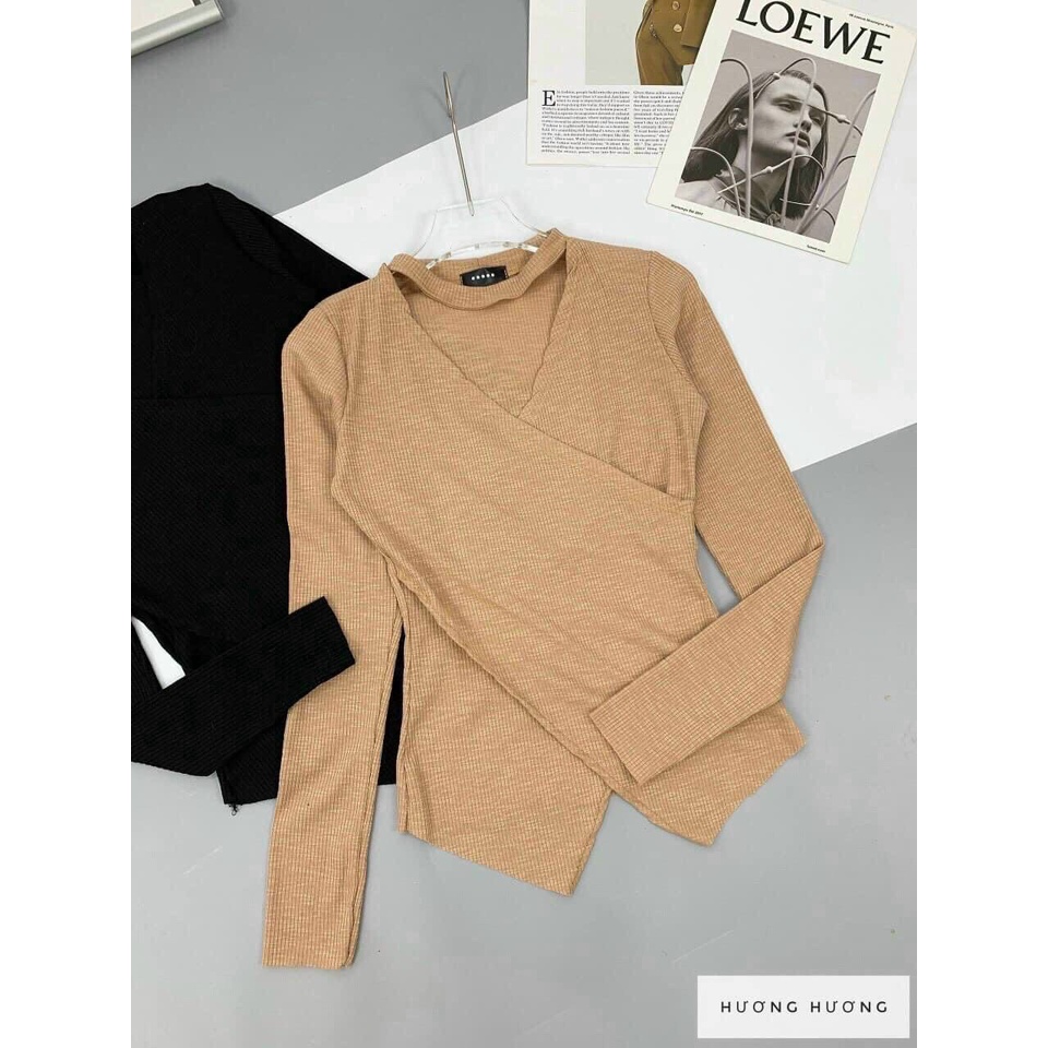 ÁO THUN GÂN CỔ CHOKER TAY DÀI VẠT ĐẮP CHÉO - MẪU VẢI ĐẸP
