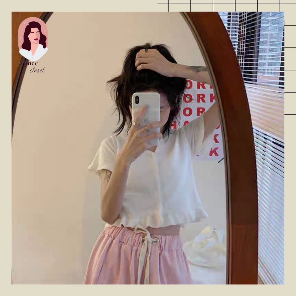 Áo croptop trắng ngắn tay cúc dọc Aimee closet