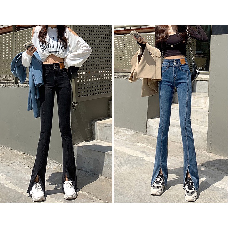 Quần jean ống loe Herishop vải co dãn, quần bò nữ cạp cao ống loe xẻ ống jean chất dày dặn | WebRaoVat - webraovat.net.vn