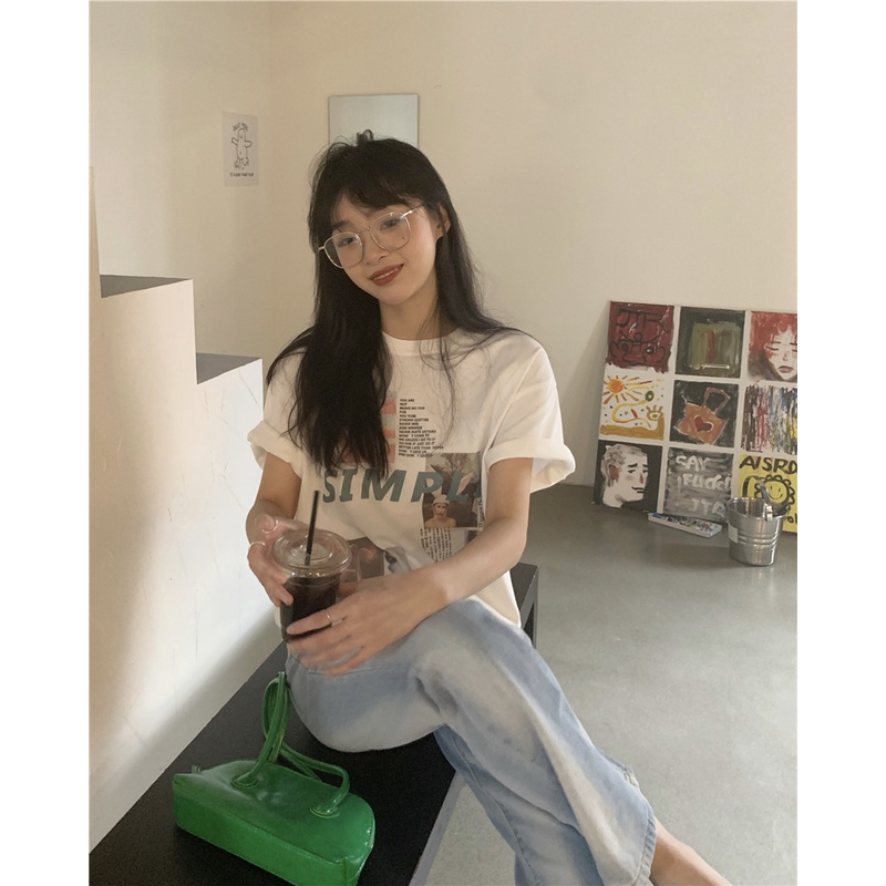 Áo Thun Tay Ngắn Dáng Rộng In Hình Thời Trang Kiểu retro Mỹ Cho Nữ