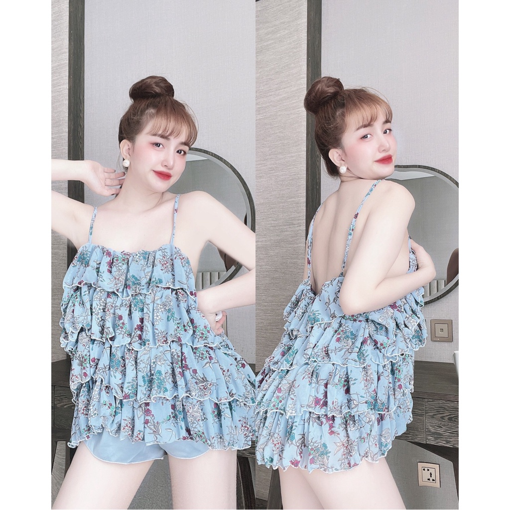 Đồ Ngủ Sexy Nữ, Bộ Hai Dây 4 Tầng Chất Chiffon freesize 40-70Kg