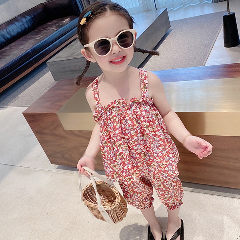 Bộ Áo Hai Dây Họa Tiết Hoa + Quần Dài Phong Cách Hàn Quốc Cho Bé Gái