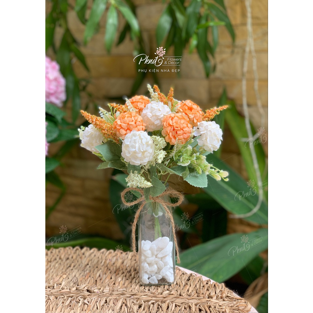 Bình hoa cúc cầu lụa trang trí kệ tủ kệ sách đẹp PKND FLOWERS &amp; DECOR