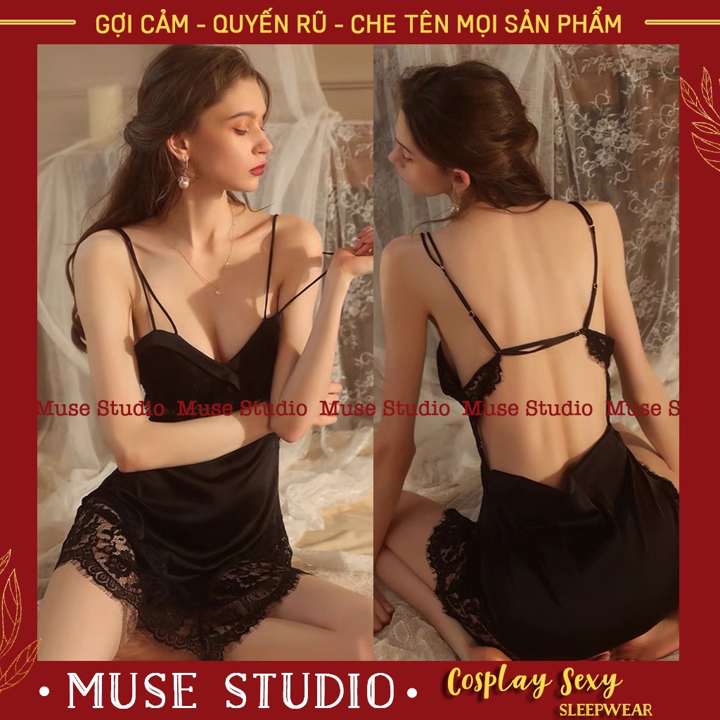 Váy ngủ sexy, đầm ngủ hai dây gợi cảm vải satin phối ren ngực và hông