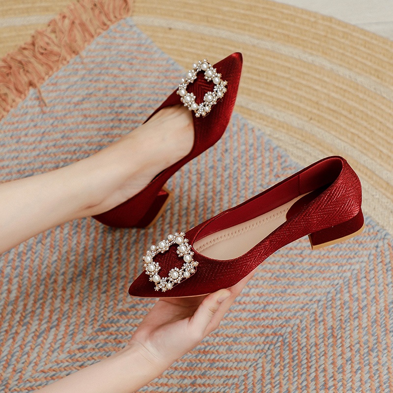 Giày Cao Gót 3Cm Mũi Nhọn Đính Đá Và Ngọc Trai Thời Trang Cho Nữ