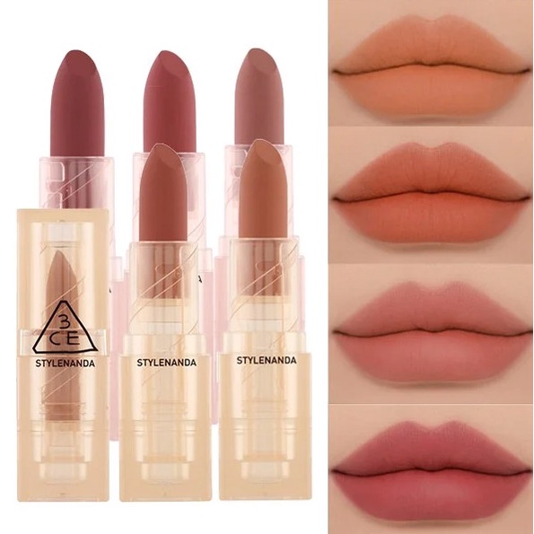 Son Lì 3CE Layer Soft Matte Lipstick- Orange Breeze-Soft Mellow-Chill Move-Warmish Move-Way Back-Hazy rose