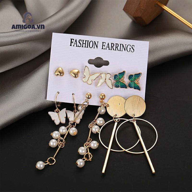 ✨✨Bộ Khuyên Tai Hình Học Chữ C Đính Ngọc Trai Đơn Giản