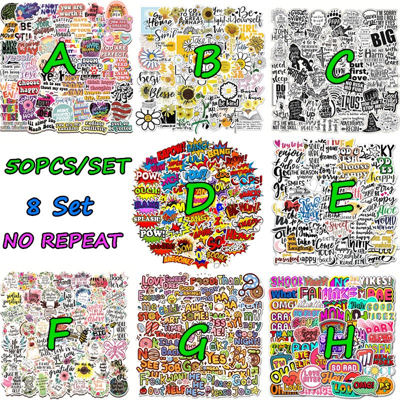 Set 50 miếng dán hình chữ tiếng anh 8 kiểu trang trí vali/điện thoại/laptop/máy ảnh/xe hơi/đàn guitar chống nước DIY