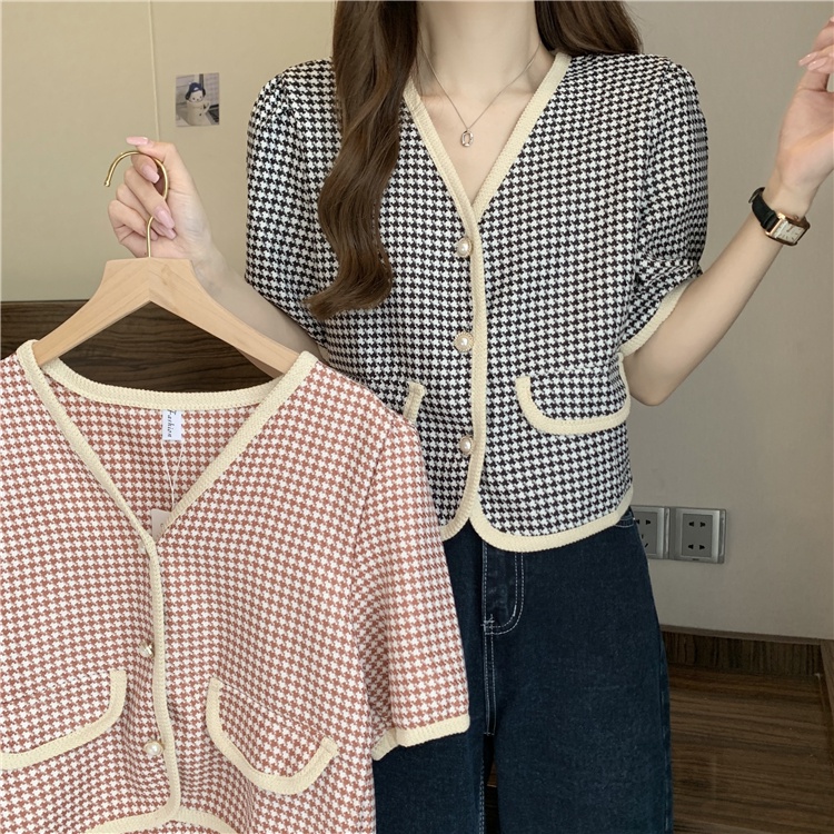 Áo Dệt Kim Nữ Màu Hồng, Ghi Cổ V Tay Ngắn Dáng Rộng Có Túi Nắp Họa Tiết ZicZac Caro Thời Trang Phong Cách Hàn Quốc