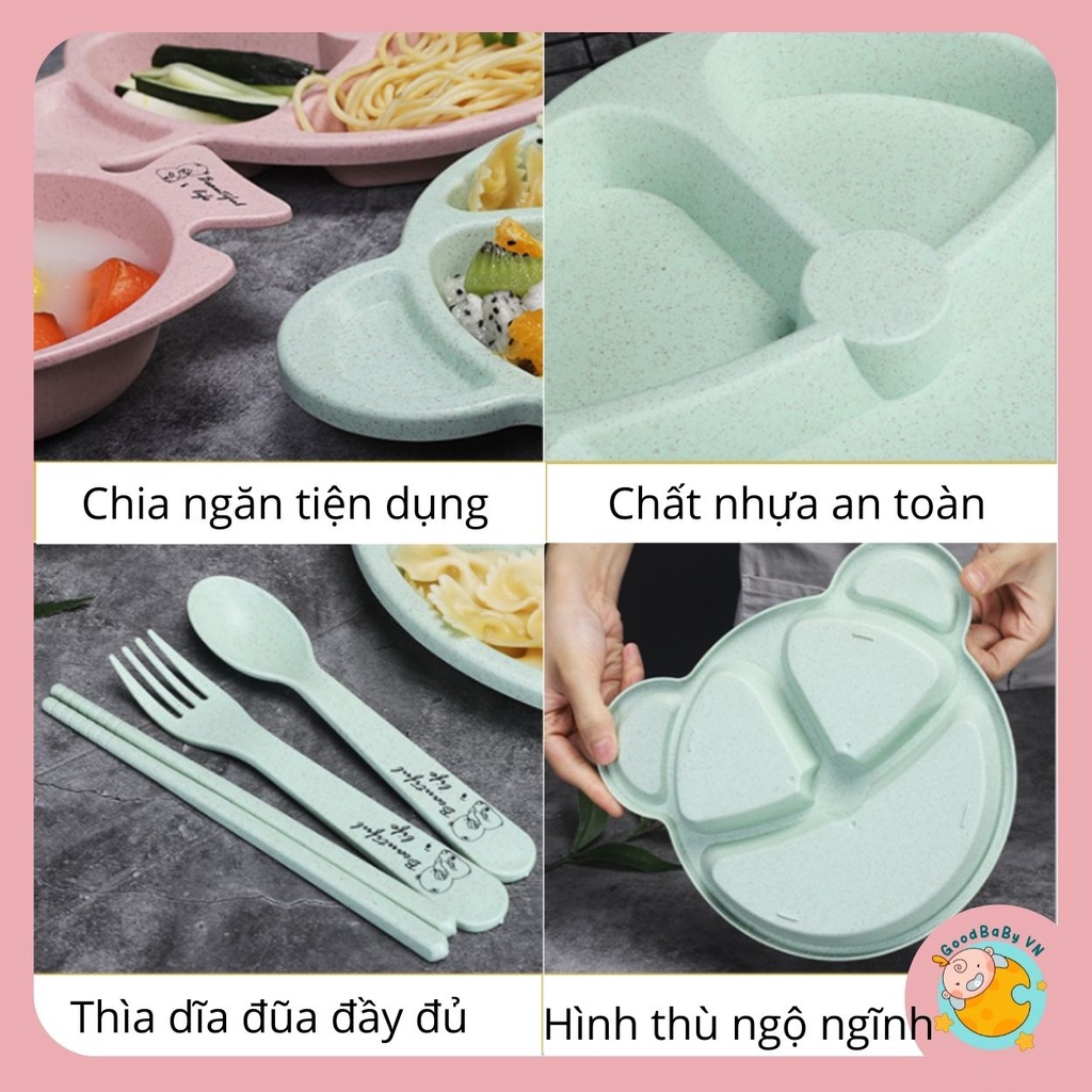 [Mã 254FMCGSALE giảm 8% đơn 500K] ( Tặng Kèm Thìa ,Dĩa ) Khay Ăn DẶm BLW 3 Ngăn Hình Gấu Ngộ NGĩnh Goodbabyvn