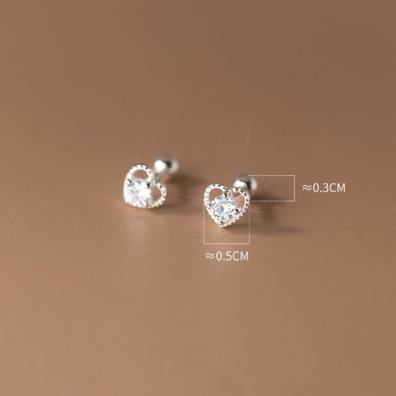 Bông tai bạc trái tim đính đá pha lê nhân tạo, bông tai trái tim chui bi đính đá bạc 925