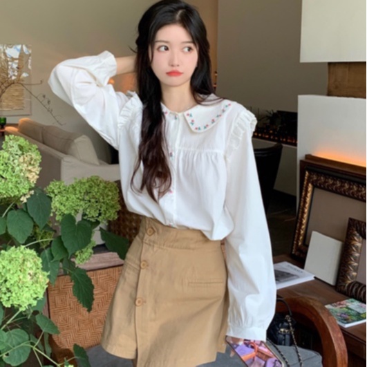 ZHELIHANGFEI Áo Sơ Mi Tay Phồng Cổ Búp Bê Thêu Họa Tiết Phong Cách Preppy Nhật Bản Dễ Phối Đồ