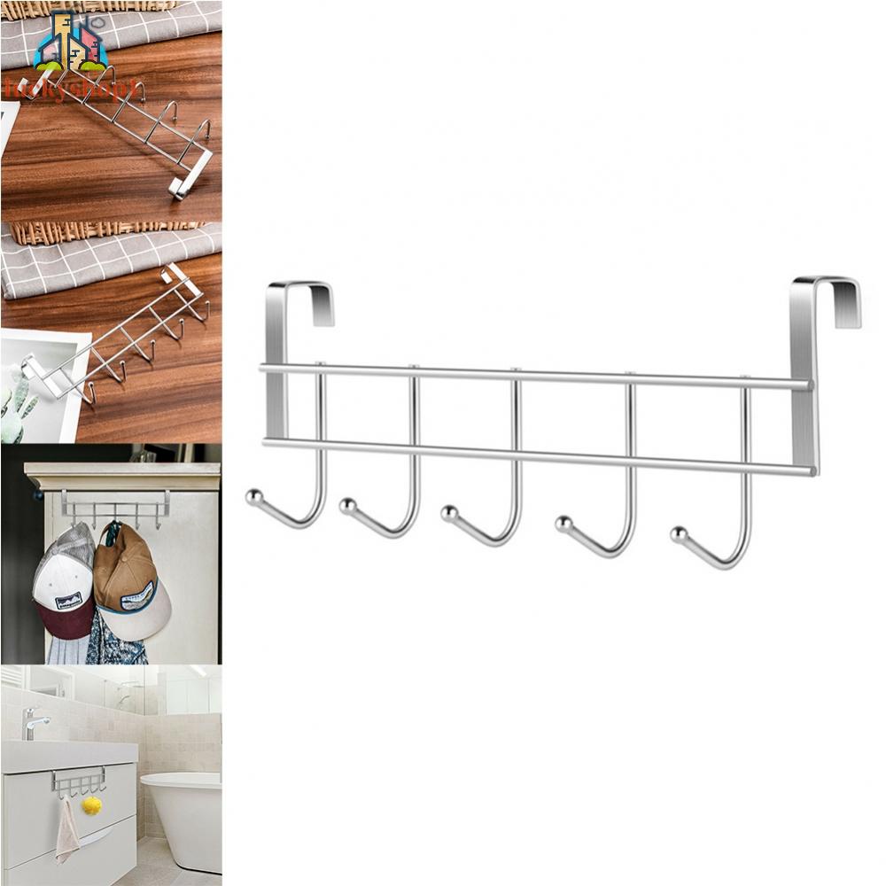 5 Hooks Over Door Hooks Wash Room Hanger Clothes Towel Storage Stainless Steel Holder Door Back Hanging
