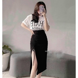 Set Áo Kèm Chân Váy Xẻ Tà In Hate