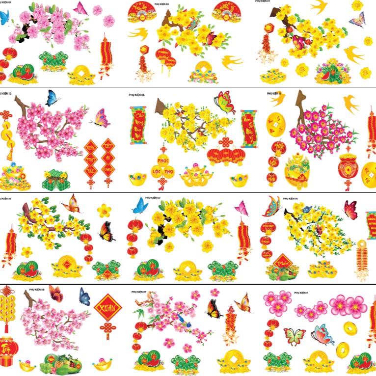 Bộ hình dán trang trí tết dán nổi hoa đào hoa mai nhiều kiểu (size nhỏ)