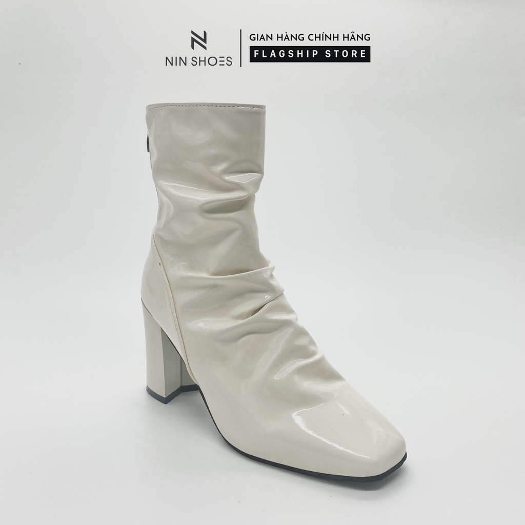 Giày Boot nữ 7p gót vuông chỉ giữa da bóng nhăn kéo khoá sau Ninshoes | WebRaoVat - webraovat.net.vn