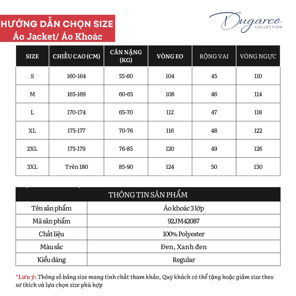 Áo khoác jacket DUGARCO nam ba lớp dù cao cấp cản gió, giữ nhiệt 92JM42087