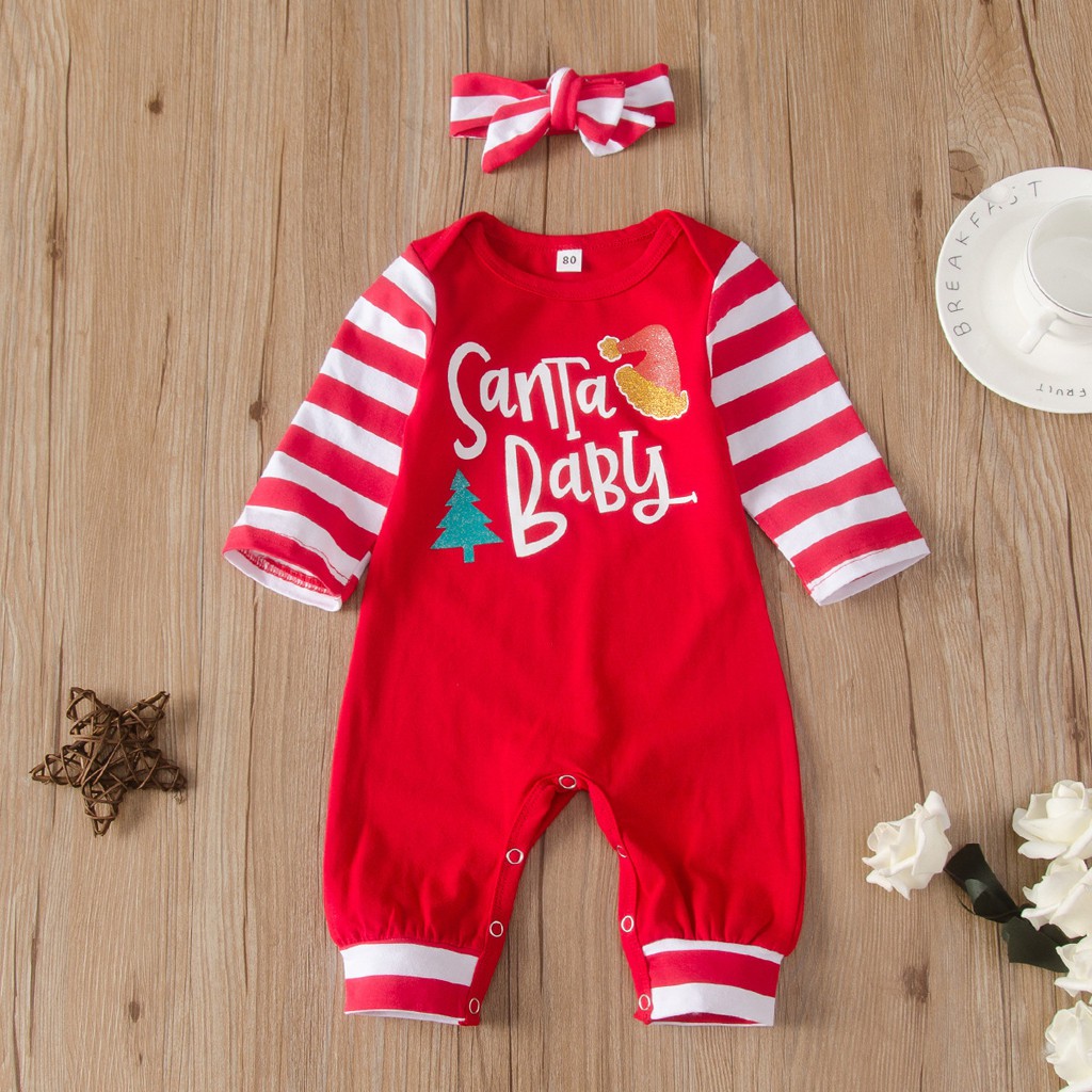 Newborn Infant Baby Girls Christmas Trees Letter Striped Print Headband+Jumpsuit