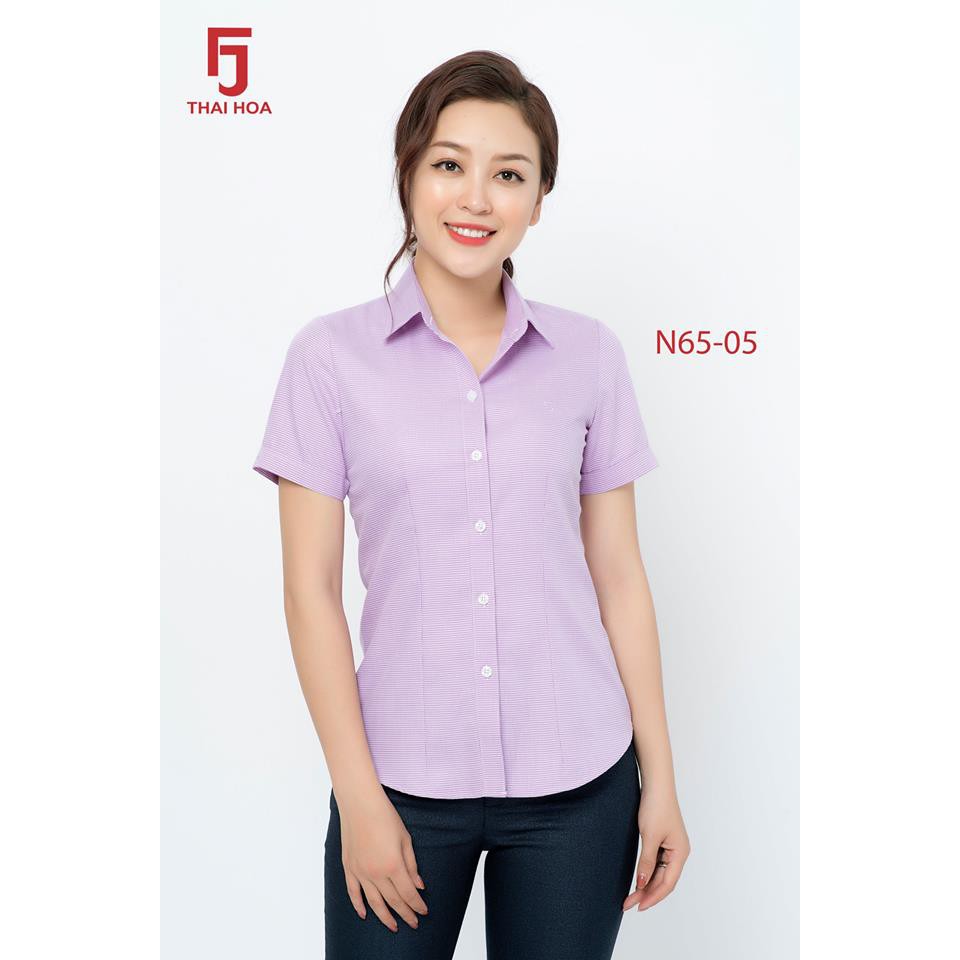Áo sơ mi Thái Hòa co giãn nhẹ màu tím caro 65-05