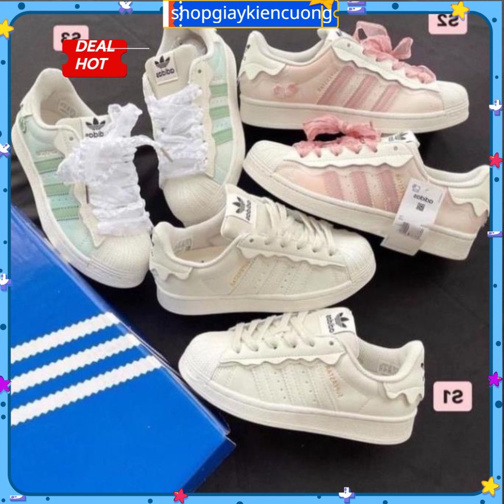 giày superstar mũi sò xanh,hồng,trắng mới, giày 3 vạch das sò 2022 cao cấp