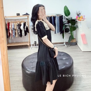Váy suông, đầm suông cổ phối tơ bèo, chân cá, chất thô, form rộng mát siêu xinh